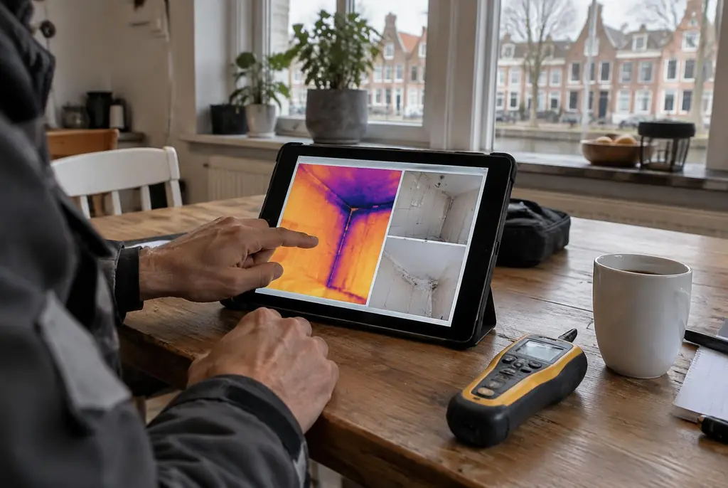 Lekdetectie Soest – lekdetectierapport met warmtebeelden en foto's op een tablet