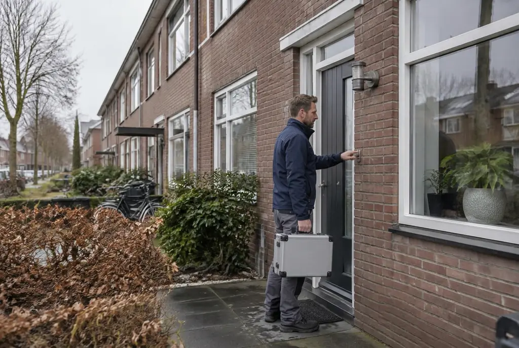 Lekdetectiespecialist met meetkoffer bij de voordeur van een woning in Soest